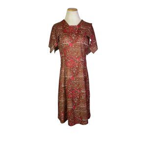 Vintage 1970s Flutter Sleeve Floral Dress Zip Back Brown Pink Floral Print